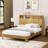 For bedroom use, natural finish MDF queen size bed frame with modern wavy curved design, built-in storage headboard and integrated charging station-480612215
