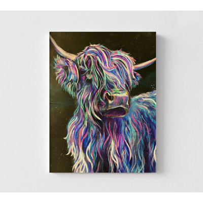 «Highland Cow» par Emma Catherine Debs, impression de cowboy encadrée, art animalier multicolore, peinture de vache colorée, art occidental arc-en-ciel, art mural encadré