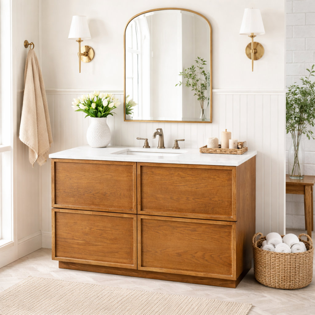 Hudson 48" Genuine Marble Single Bathroom Vanity, Medium Oak