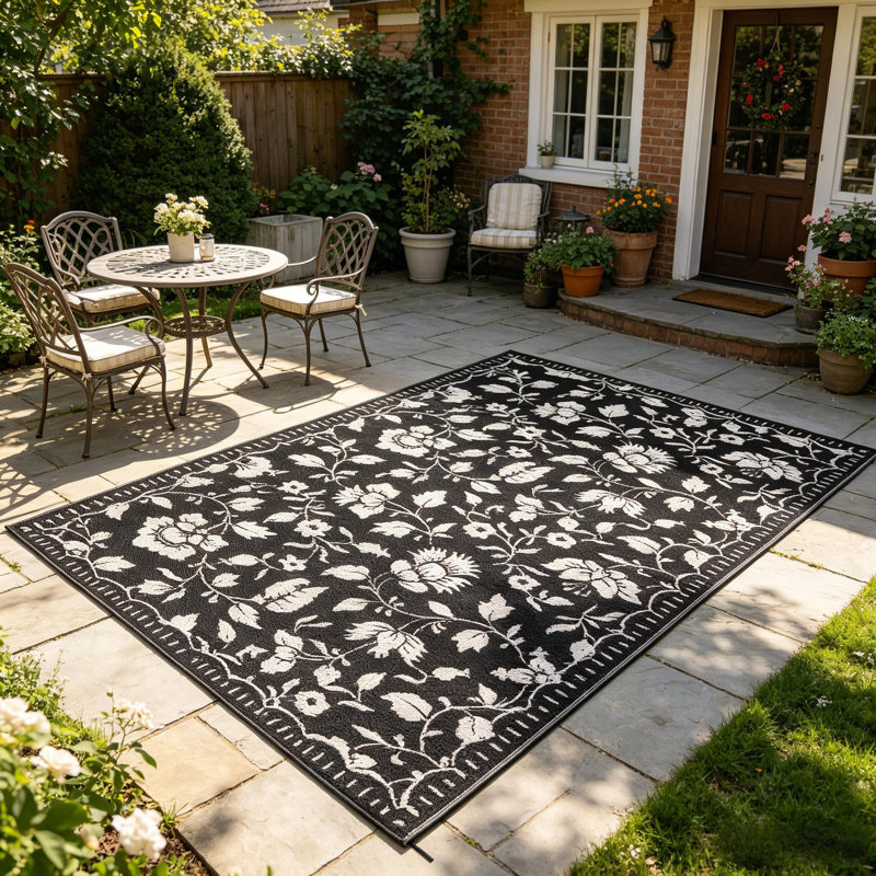 Floral Plastic Rug with Portable Bag for Outside, Black, Rectangle 5' x 8'