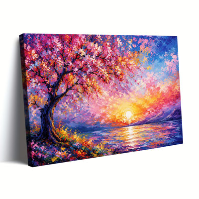 «Vibrant Impressionistic Flowering Tree Sunset Lake Landscape», impression sur toile tendue