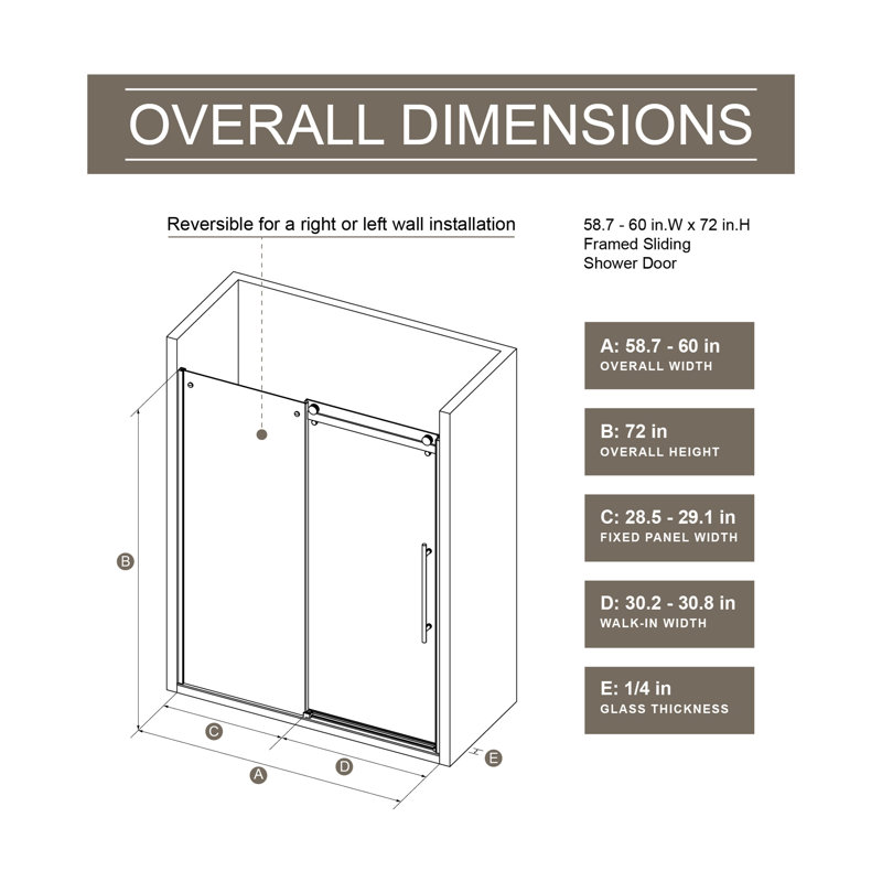 60.in W x 72.in H Frameless Shower Door Single Sliding, 1/4 inch Thick Clear Tempered Glass Shower Door with Zinc Roller Rail System, Stainless Steel Handle, Black