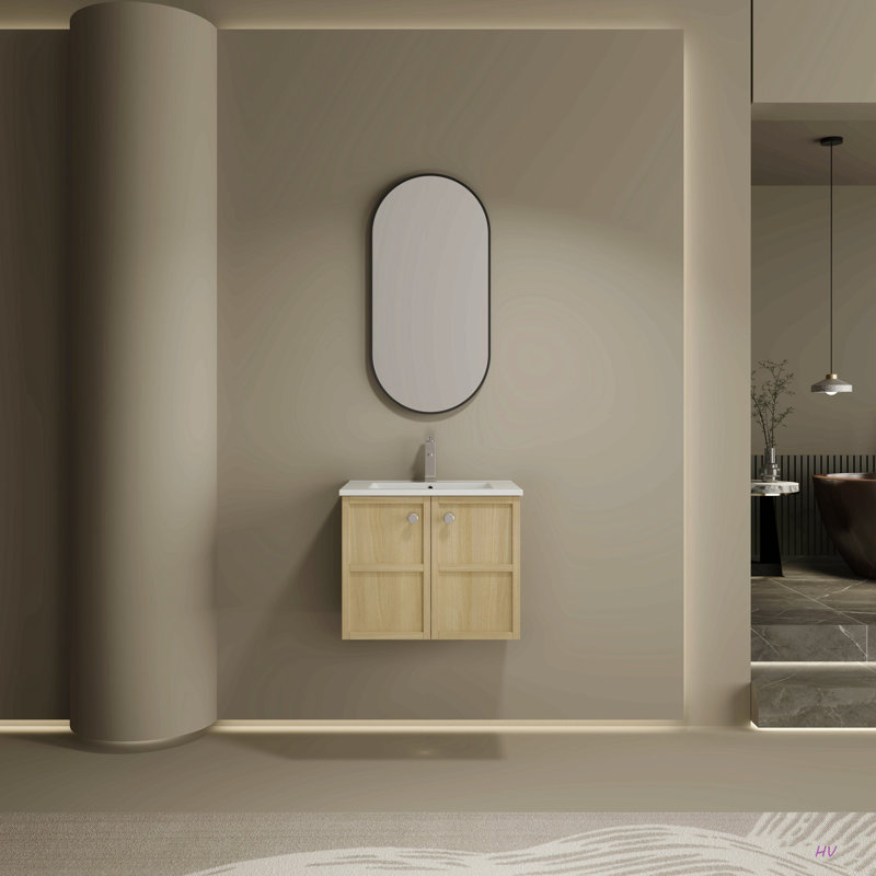 Lavabo de salle de bain mural en céramique 24 po, 2 portes à fermeture douce, contreplaqué, 24"