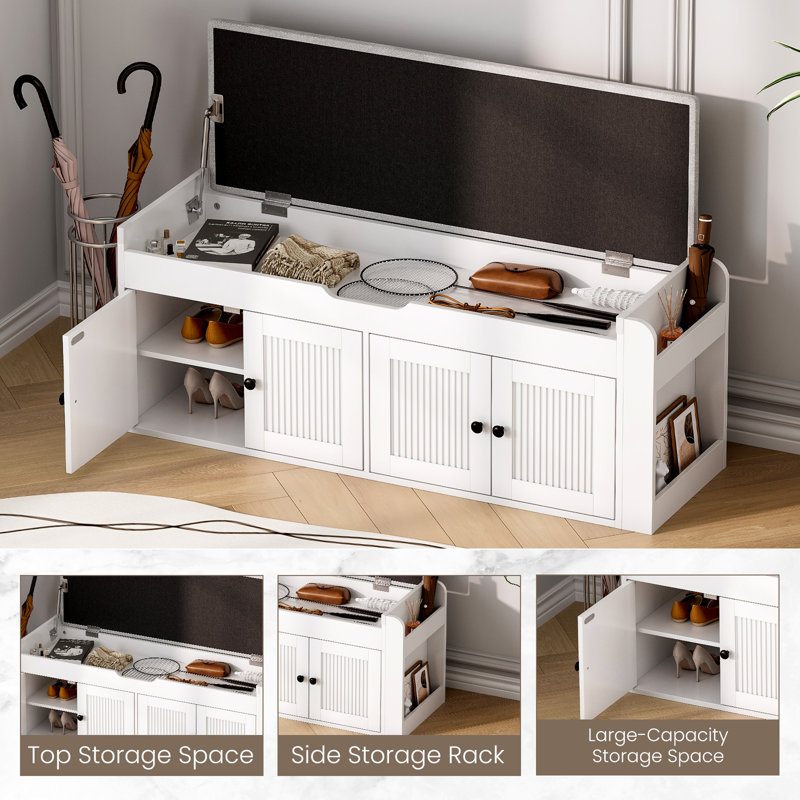 Banc à chaussures 47,3 po, banc de rangement pour chaussures avec 4 portes, banc à chaussures avec coussin supérieur et support latéral pour chambre à coucher, salon et entrée, blanc