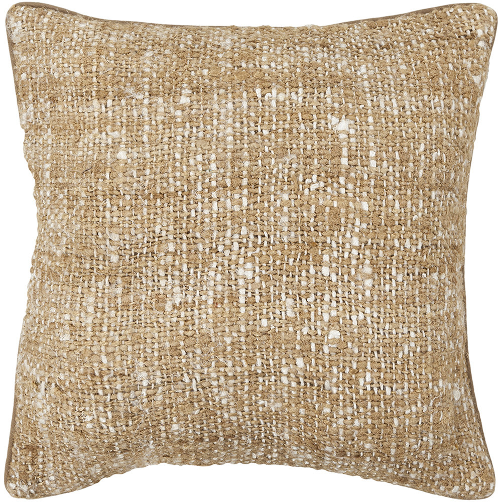 Jute & Wool Blend Removable Cover Pillow Throw Authentic Handmade Square Polyester Fill Natural Non-Reversible Textured Weave With Khaki Brown Cotton Backing Chandra Rugs