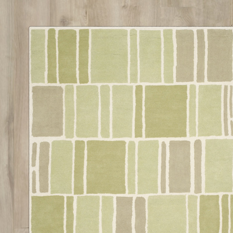 Tapis vert / ivoire en laine touffeté à la main à motif géométrique Blocks, Rond 8 pi