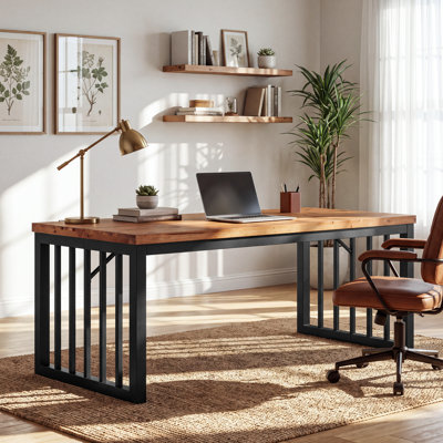 63 Inch Solid Wood and Iron Executive Desk, Home Office Computer Desk