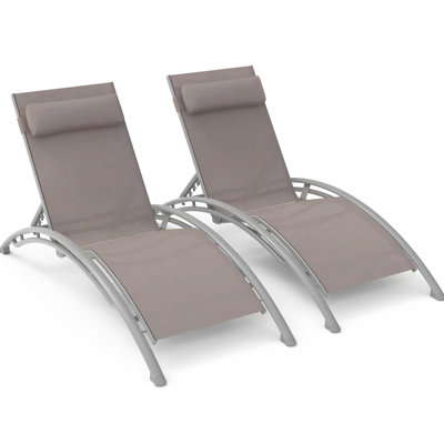 Outdoor Chaise Lounge Of 2 - Khaki With Adjustable Positions Aluminum Frame, Removable Pillow For Pool, Sunbathing Fabric Patio Recliner Chairs Construction, , Spot