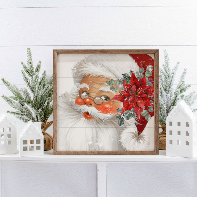 Chapeau de père Noël vert poinsettia antique, H 12 po x l 12 po, Blanc / Rouge