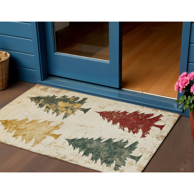 Tapis lavable intérieur/extérieur 90 x 150 cm, motif arbre ivoire, or et bordeaux