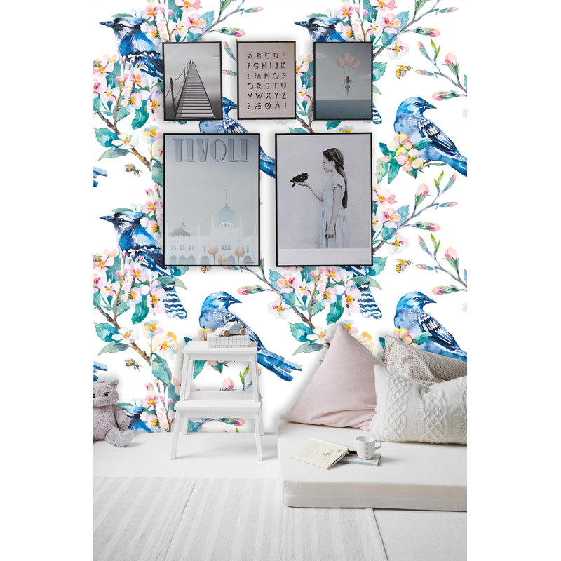 Removable Birds Flowering Branch Peel and Stick Wallpaper Roll, 75" L x 25" W