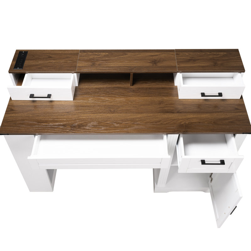Bureau blanc de 55 po avec station de charge, support pour moniteur et glissières de tiroir pour une expérience de travail confortable et productive dans un bureau à domicile