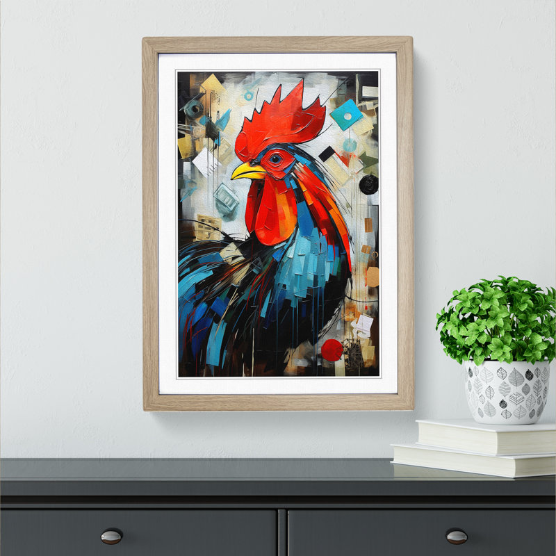 Rooster Dadaism No.3 - Single Picture Frame Print on Wood, 34cm H x 25cm W x 2cm D, Oak