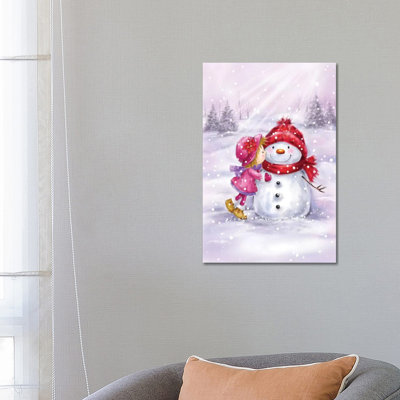 Girl Kissing Snowman by MAKIKO - Wrapped Canvas Painting