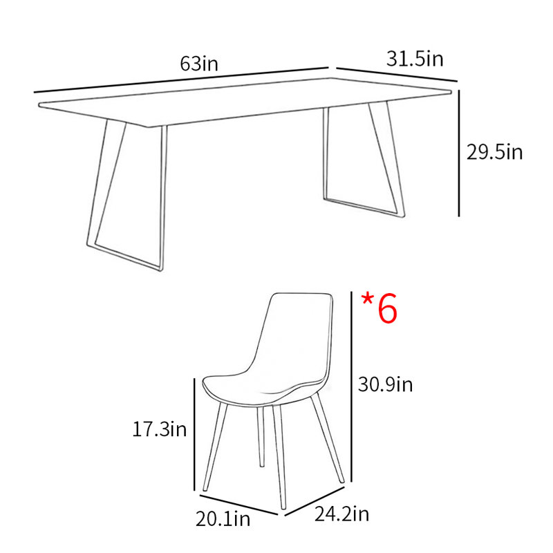 Italian style minimalist dining table sets, 29.5"H x 63"L x 31.5"W