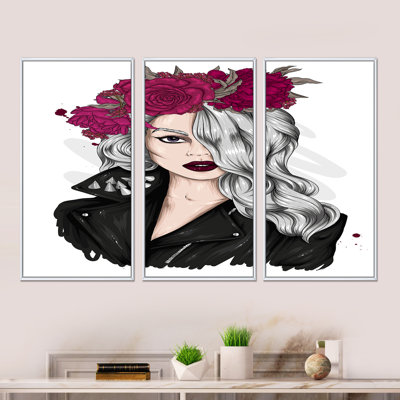 Portrait d'une jeune femme avec une couronne de fleurs rouges - reproduction de cadre flottant sur toile 3 pièces