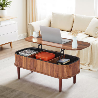 39.4in Lift Top Coffee Table Fluted Oval Desk Hidden Compartment Burlywood by George Oliver