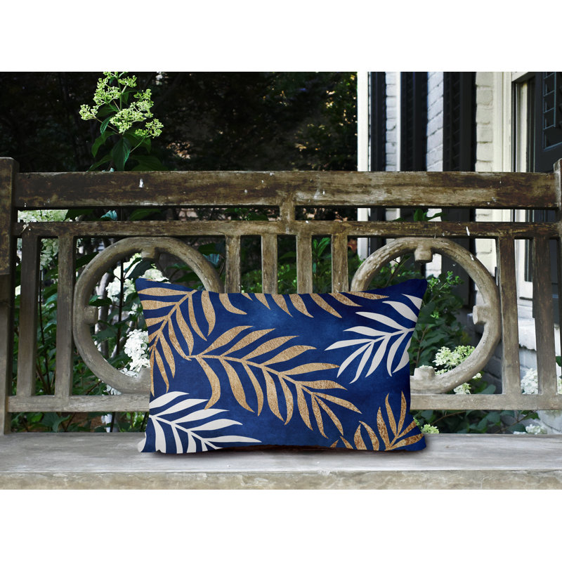 Coussin lombaire intérieur / extérieur Bobo Fern, Bleu marine / or / blanc
