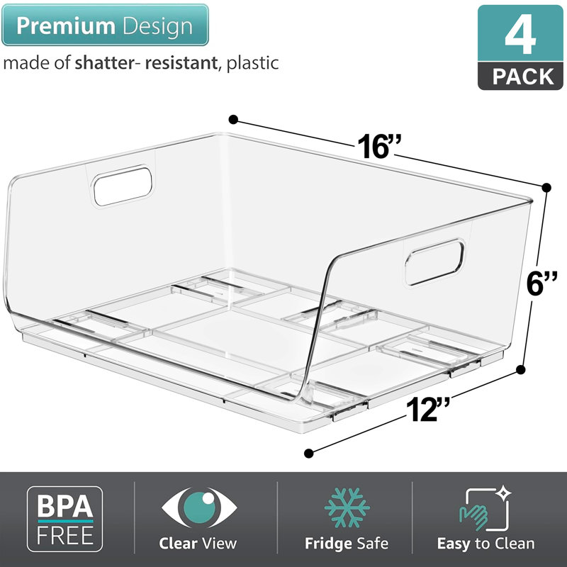 Sorbus 4 Pack Large Open Front Clear Stackable Fridge Storage Bins, 4 Pack