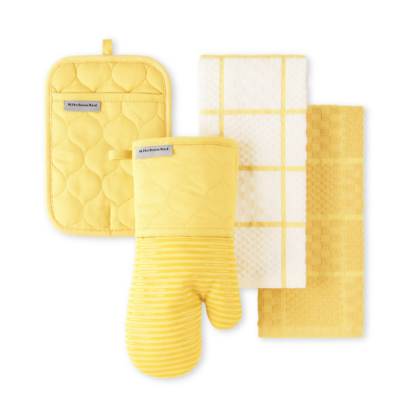 KitchenAid Quilted Kitchen Towel, Oven Mitt & Potholder Set 4-Pack, Butter Yellow