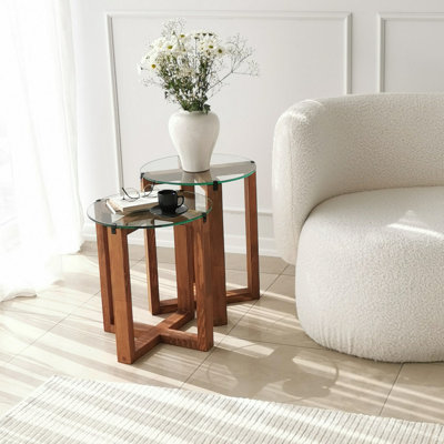 Modern Nesting Tables (2 Pieces), Walnut Color, 15.7 in Diameter x 17.7 in Height & 15.7 in Diameter x 19.7 in Height | 100% Tempered Glass Top, 100% Pine Solid Wood Frame | Stylish & Rustic Design for Home Decor