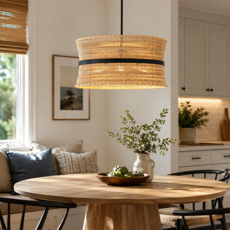 Lustre de style campagnard en métal noir à 4 lumières avec abat-jour en rotin de 18 po de largeur pour salle à manger ou cuisine
