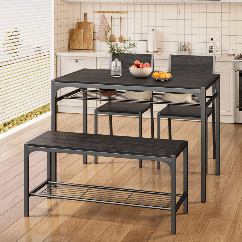 Modern 4-Piece Dining Room Set with Storage Shelves and Bench, Kitchen Table and Chairs for 4 with 2 Ergonomic Chairs, Space-Saving Dining Set for Kitchen & Living Room