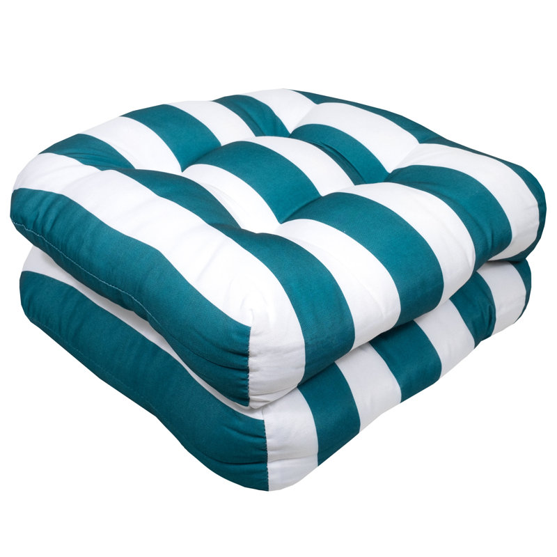 Stripe Patio Cushions Indoor/Outdoor Chair Pad Cushions, Thick Fiber Fill Tufted 19" x 19", Peacock/White Polyester, 2