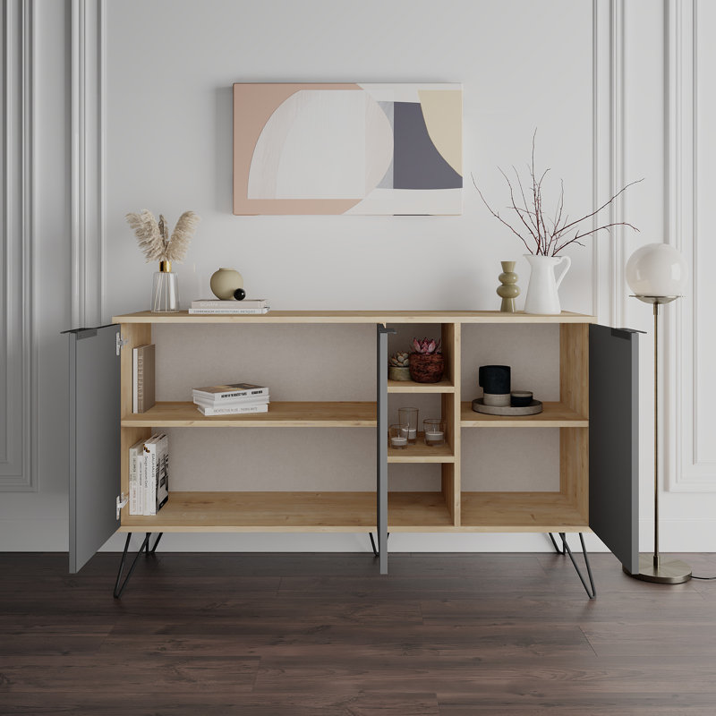 Jaycee 142 Cm Wide Sideboard | Stylish Storage Cabinet with Metal Hairpin Legs, Oak/Anthracite