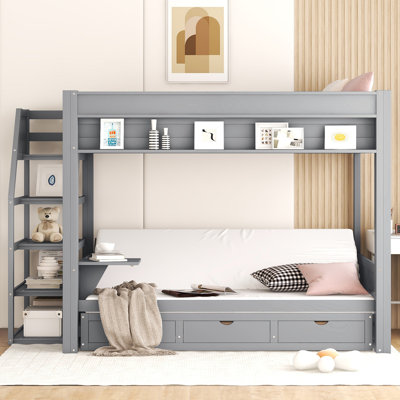 Wood Full Size Convertible Bunk Bed With Storage Staircase, Bedside Table, And 3 Drawers