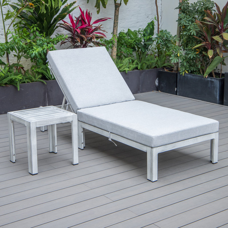 Chelsea Outdoor Metal Chaise Lounge with Table , Cushion Included, Light Gray, White