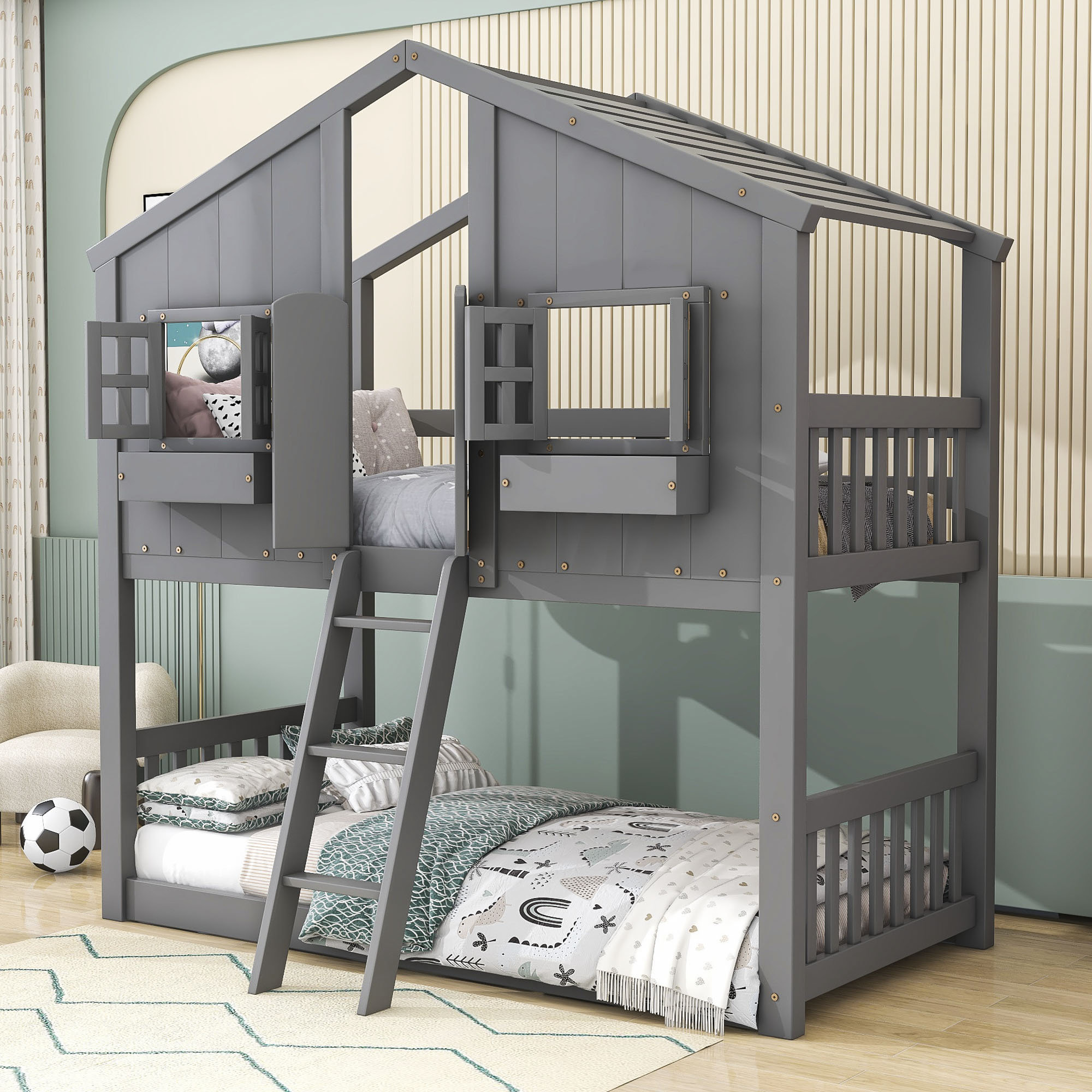 Harper Orchard Ackworth Twin over Twin Wooden Bunk Bed with Roof ...