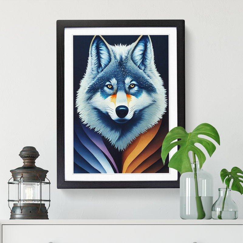 Wolf Gouache - Single Picture Frame Painting, 34cm H x 25cm W x 2cm D, Walnut