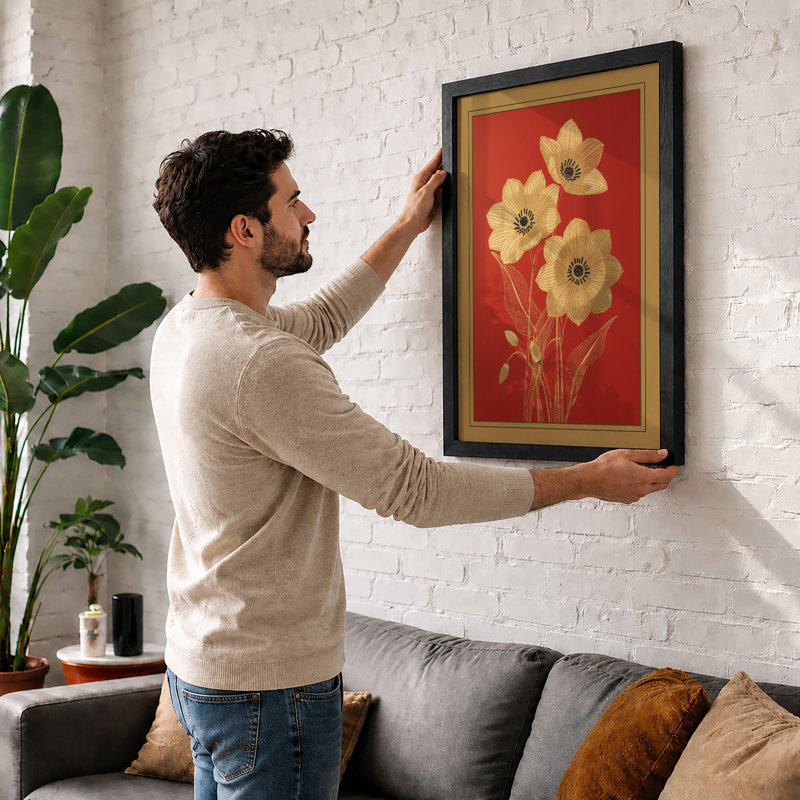 Pale Blooms On Red Botanical - Print, A2 - 59.4 x 42.0 cm, Black