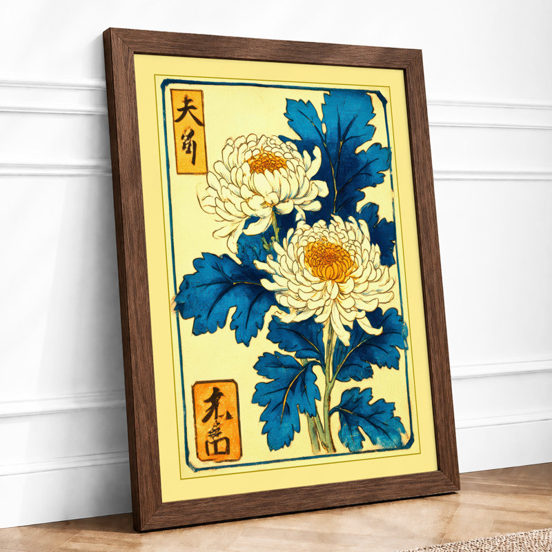 Chrysanthemums in Blue Japandi 1 Piece Single Picture Frame Wall Art, A4 - 29.7 x 21.0 cm, Walnut