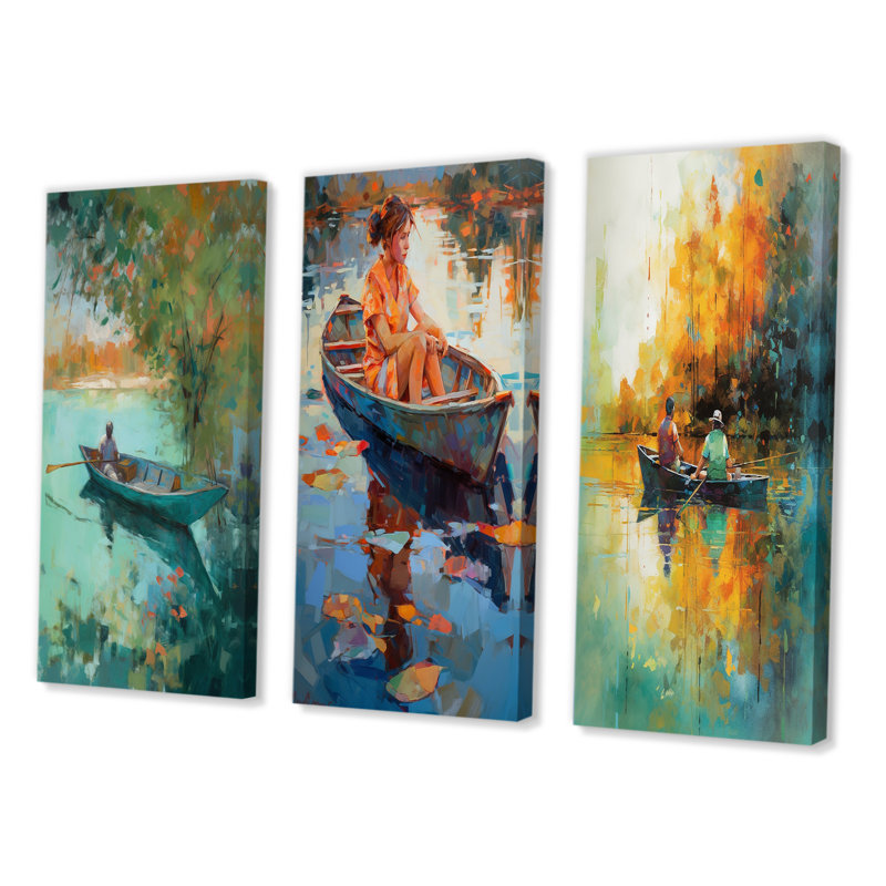 «Autumn Lake Full Moon Serenity Dinghy Rowing I», 3 pièces sur toile, Toile tendue, H 28 po x l 36 po
