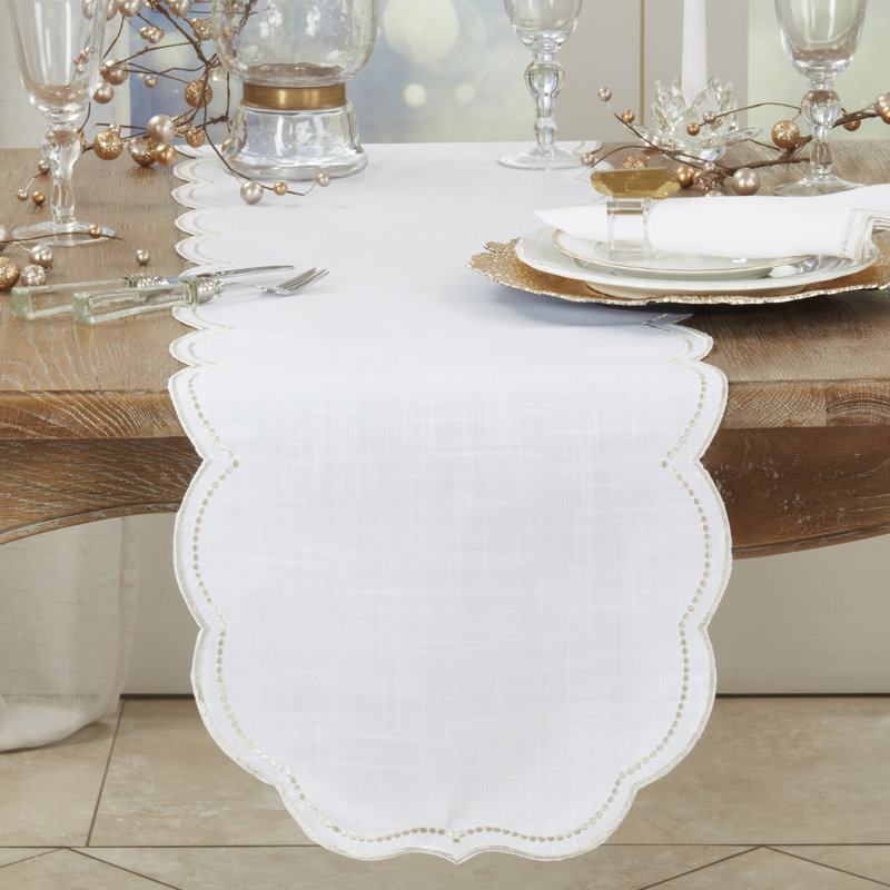 Embroidered Polka Dot Table Runner w/ Scallop Edge, White/Champagne
