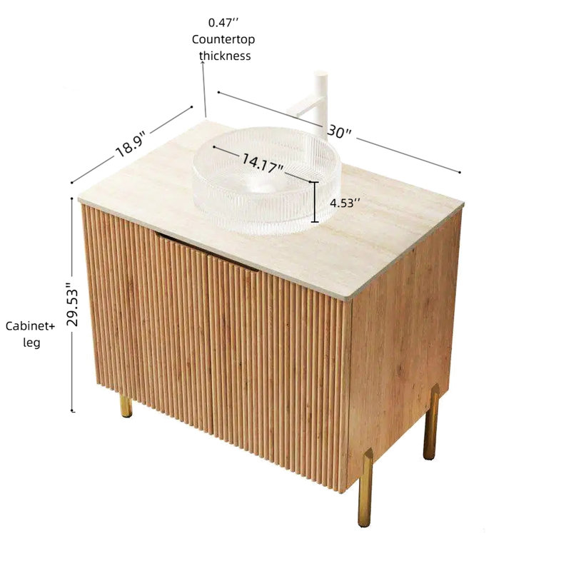 Meuble-lavabo de salle de bain 30 po avec lavabo rond en verre transparent, comptoir en pierre frittée, système de fermeture en contreplaqué avec armoire en contreplaqué, meuble-lavabo d'apparence, comptoir, portes, couleur
