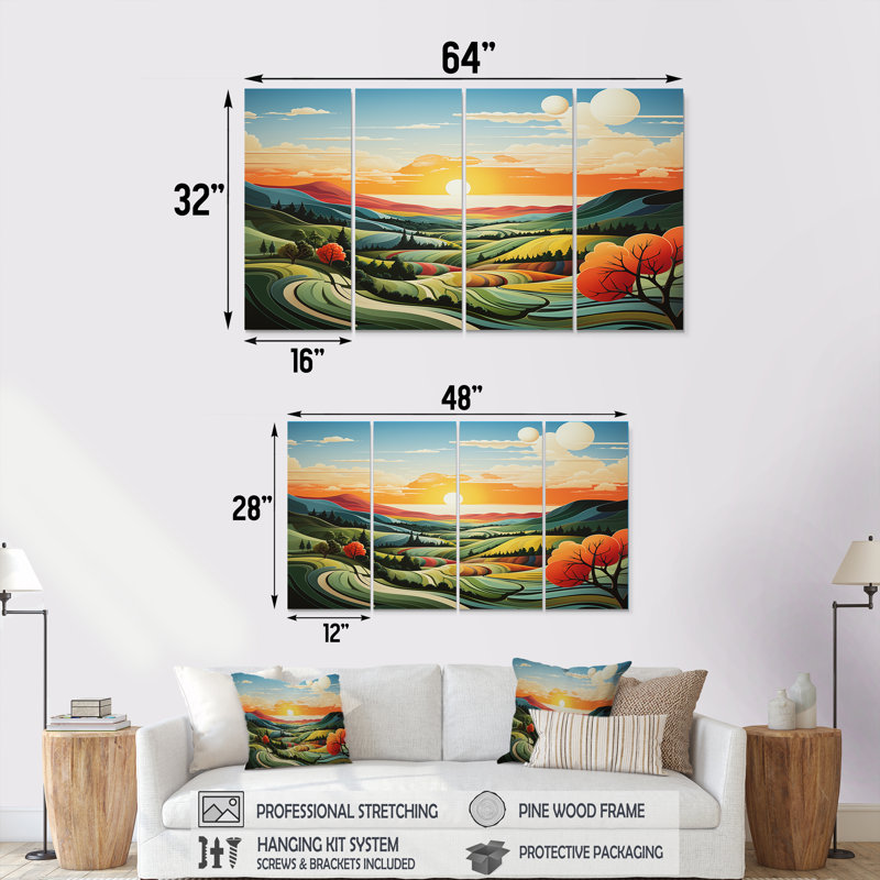 «Modern Bold Farm Horizon II - Meadow», art mural 4 pièces pour le salon, H 28 po x l 48 po