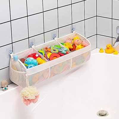 Organisateur de jouets de bain à grandes ouvertures horizontales à 3 compartiments pour baignoire, support et rangement pour jouets de bain à capacité améliorée, porte-jouets pour baignoire pour faciliter l'accès et le tri des jouets.