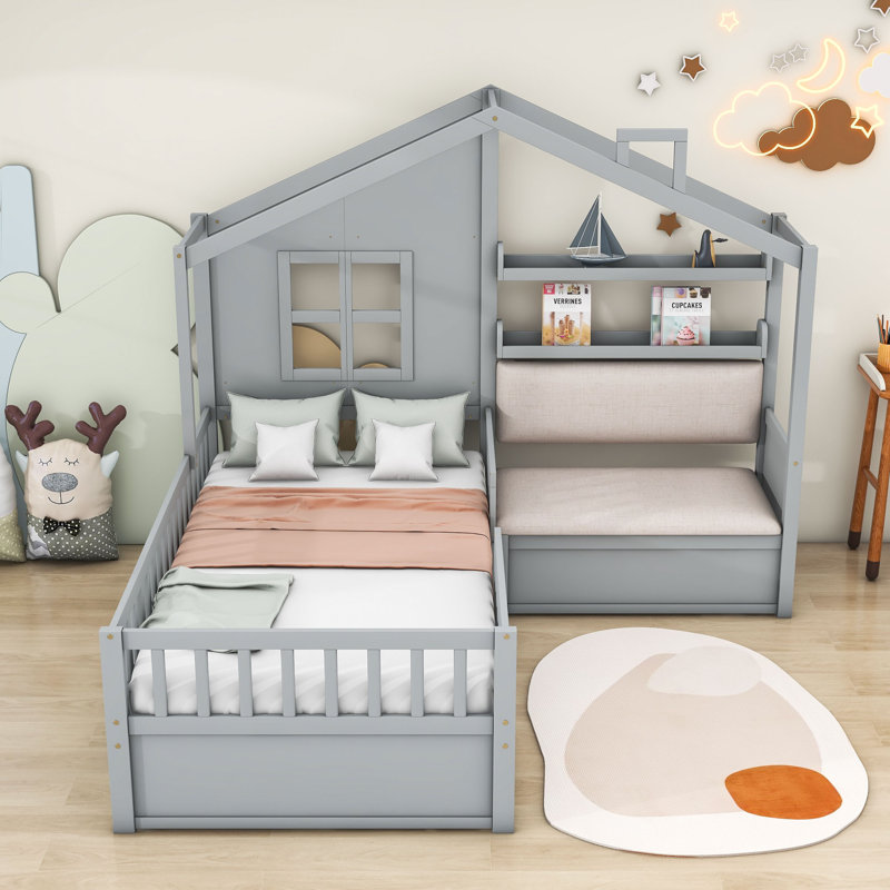 Lit simple Abriana avec deux tiroirs et tablette de rangement, gris