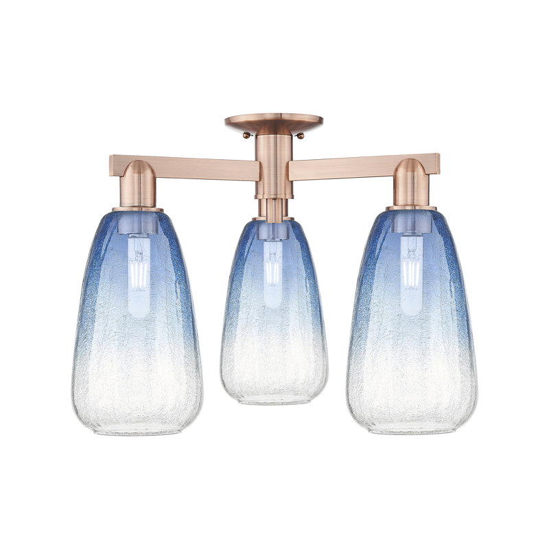 Plafonnier semi-encastré 3 lumières Jacquette, Cuivre antique, Bleu saphir