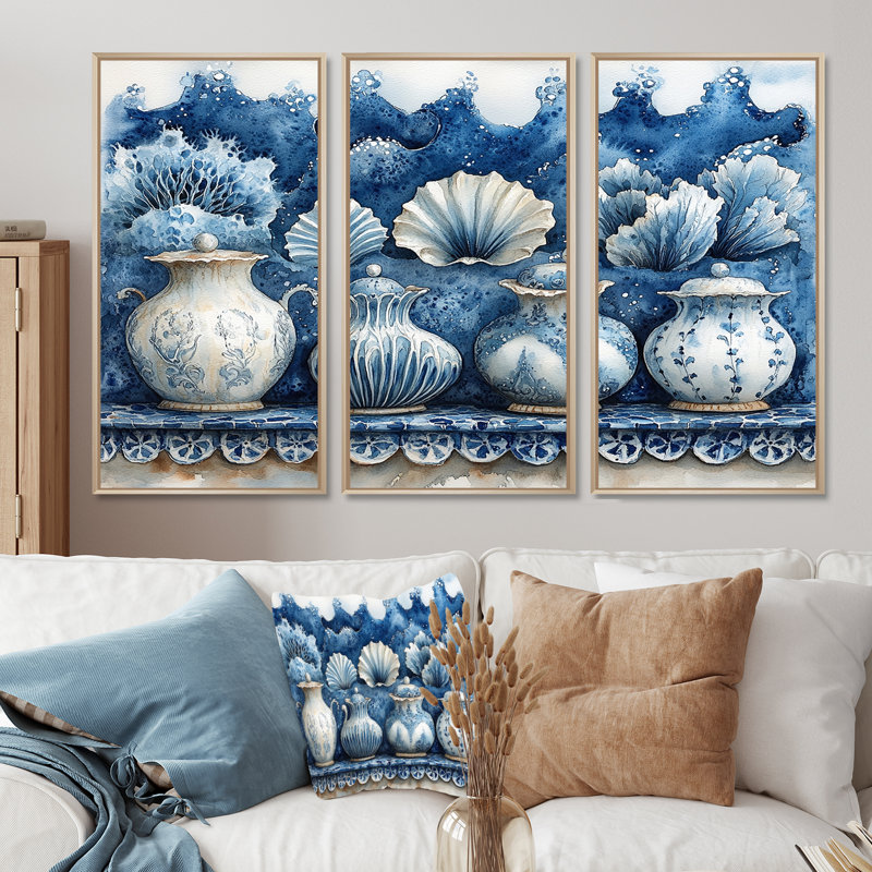 Poterie de plage dans des tons bleus et blancs - ensemble de décoration murale de poterie de plage