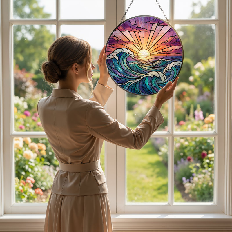 Panneau de vitrail 12 "H Sunset Waves, H 12 po x l 12 po