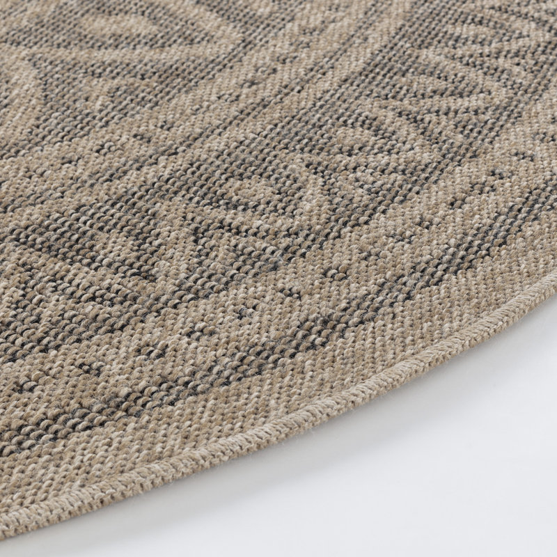 Aranveer Round Boho Jute-Look Beige Light Grey Area Rug, Round 100cm