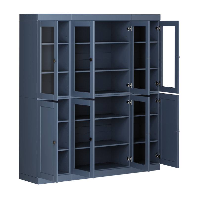 Vaisselier 100% bois massif 65 po avec verre transparent, portes Shaker et tablettes réglables, Bleu antique
