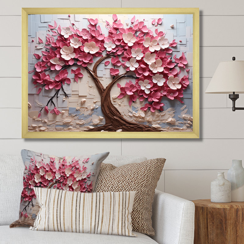 Orchidée rose et blanche, branches II - art mural arbre, Cadre doré à coins fermés, H 16 po x l 32 po x P 1 po