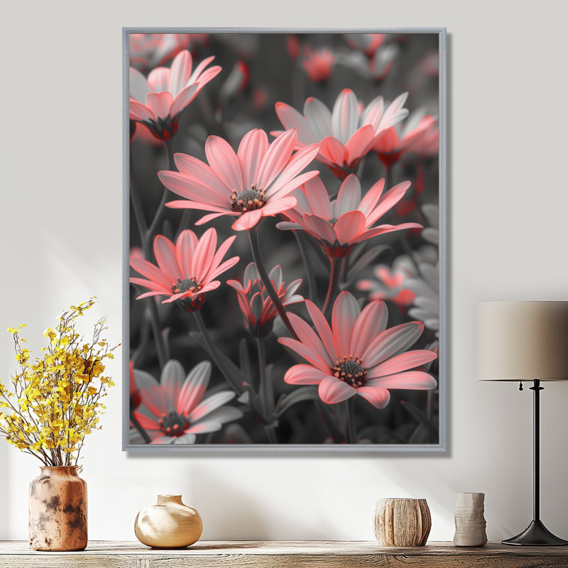 Monochromes roses et noirs marguerites photo III - marguerites, impression d'art mural, Encadrement argenté