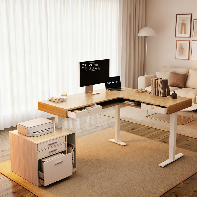 63" X 55" Electric L-Shaped Standing Desk With 2 Under Desk Drawers, Open Storage & Side File Cabinet, Height Adjustable Corner Desk With Power Strip Tray & Cable Management