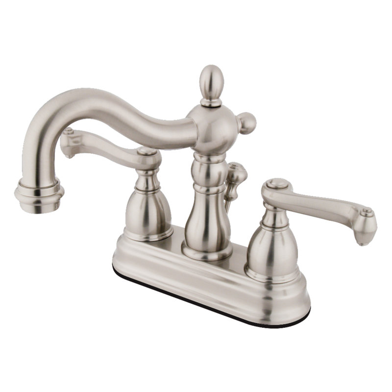 Kingston Brass Heritage Two-Handle 3-Hole Deck Mount 4" Centerset Bathroom Faucet with Plastic Pop-Up, Brushed Nickel